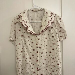 Simple Retro Cottagecore Peter Pan Collar Floral Scalloped Blouse Cream Red